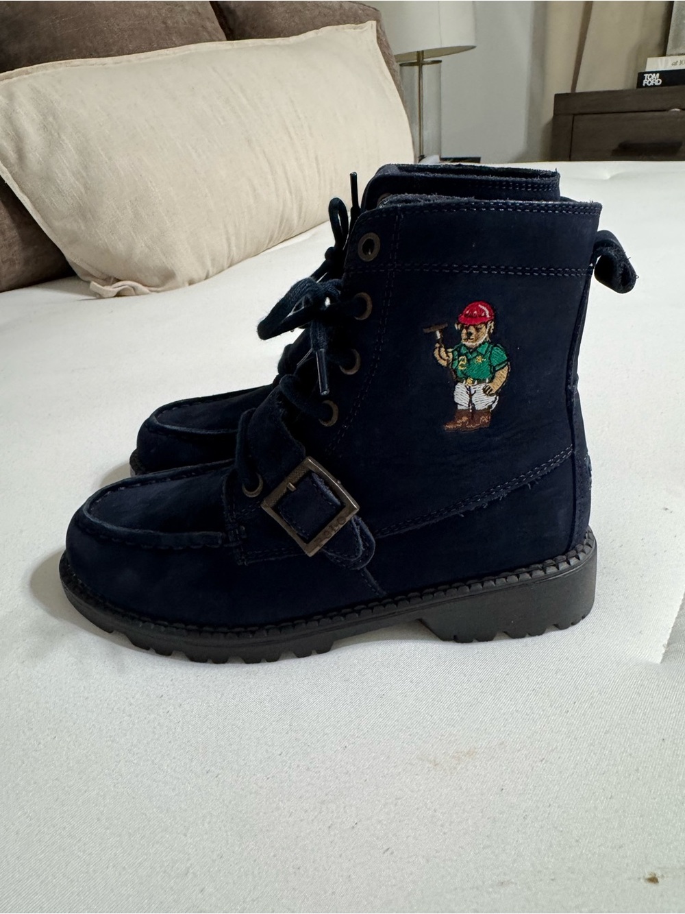 Kids Ralph Lauren Navy Suede Polo Ankle Boots with Gold Logo | 13.5
